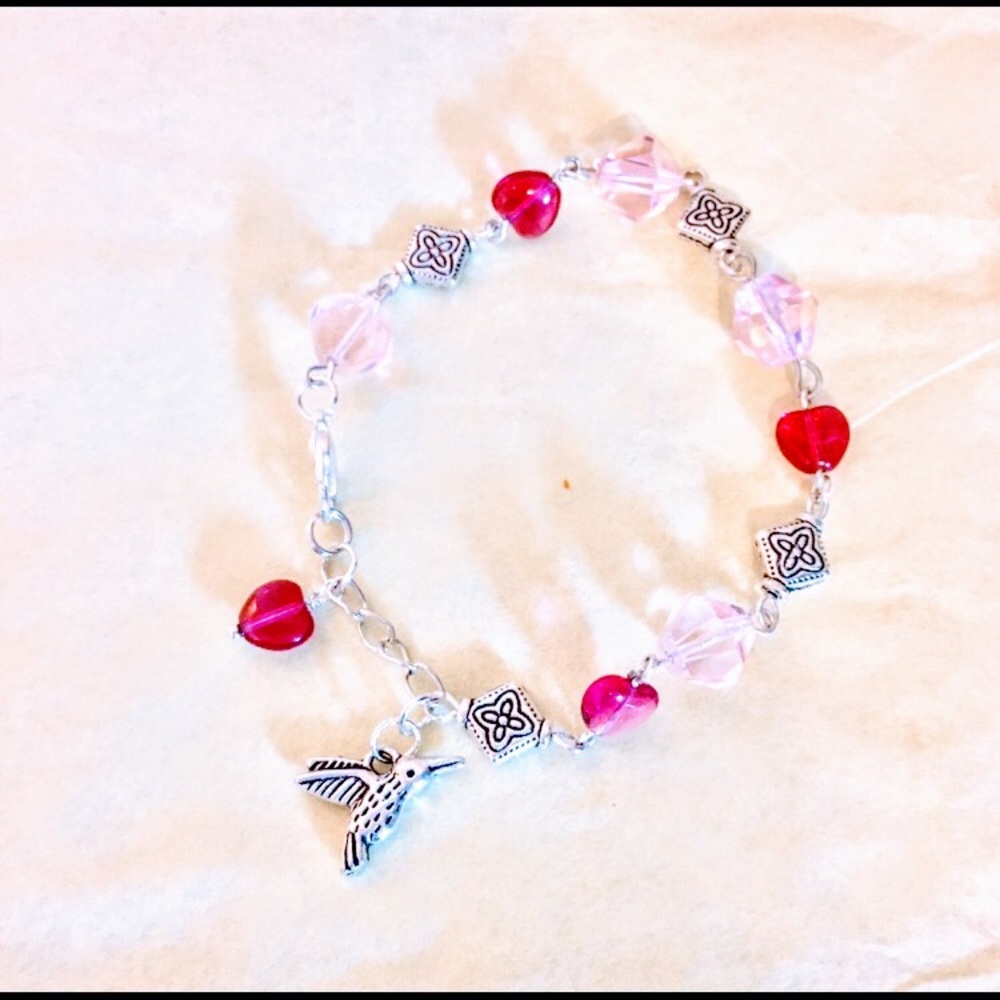 Pink crystal and red heart beaded bracelet bird